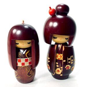 2 Japanese Wooden Kokeshi Doll Floral Kimono Burgundy Wood (one missing top)